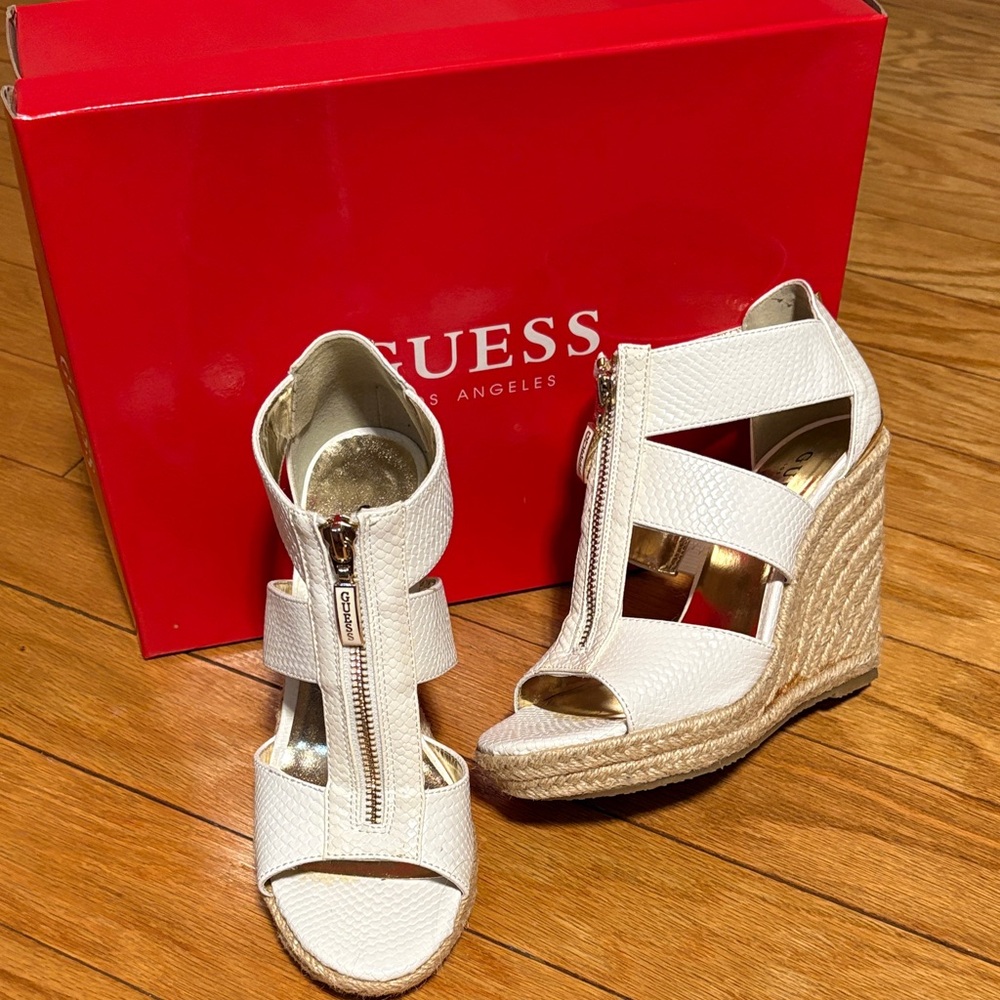 GUESS Women’s White Espadrille Wedge Sandals with Front Zip